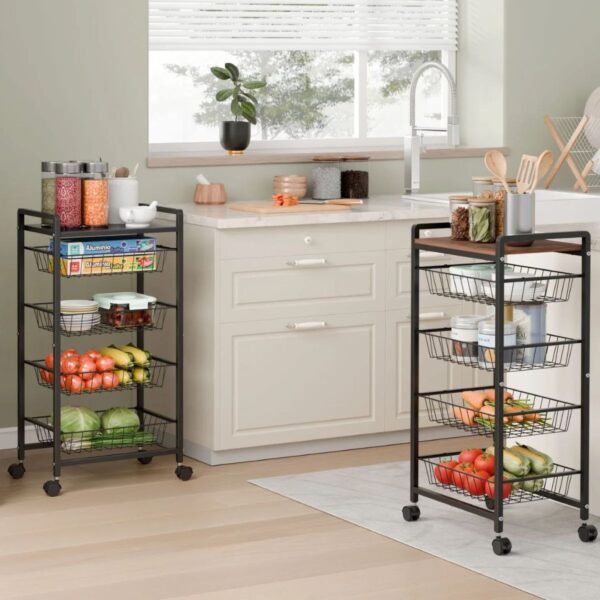 4 Tier Storage Trolley with Wooden Top and Wire Baskets