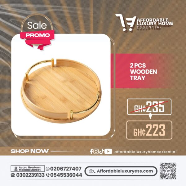 2 Pcs Wooden Tray Set (Round Bamboo with Gold Handles)
