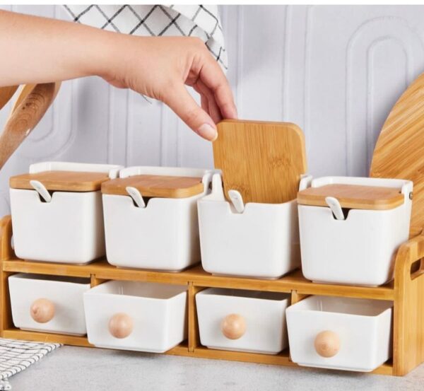 Spice Canister Set (Perotti Massa 8-Piece Porcelain with Bamboo Lids)