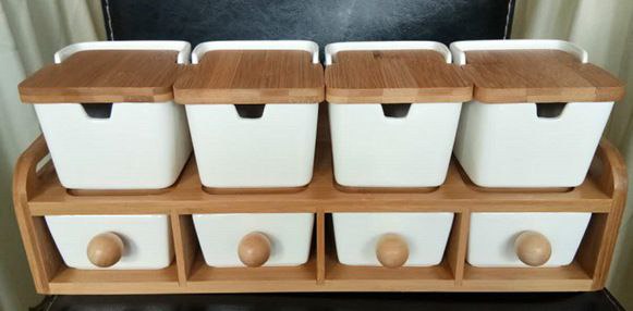 Spice Canister Set (Perotti Massa 8-Piece Porcelain with Bamboo Lids)