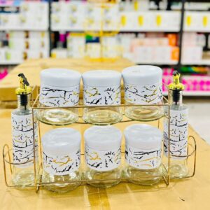 Spice Rack Set (Marble-Pattern Jars and Oil Bottles with Gold Stand)