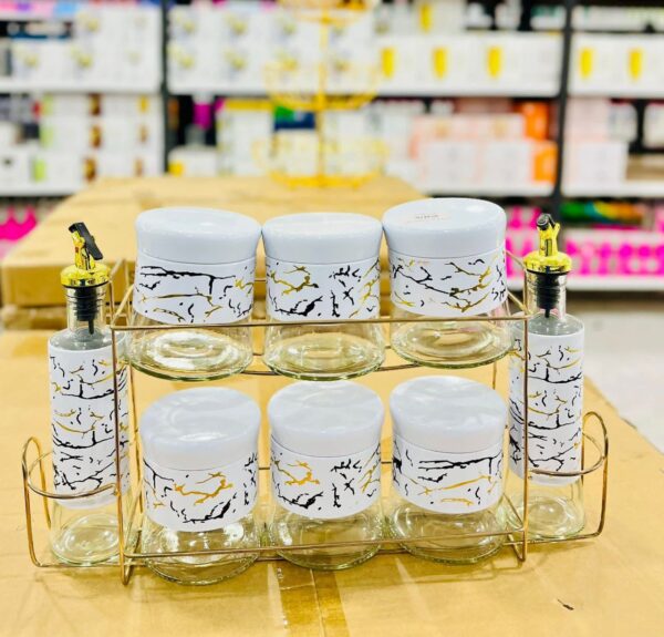Spice Rack Set (Marble-Pattern Jars and Oil Bottles with Gold Stand)