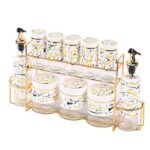 Spice Rack Set (Marble-Pattern Jars and Oil Bottles with Gold Stand)