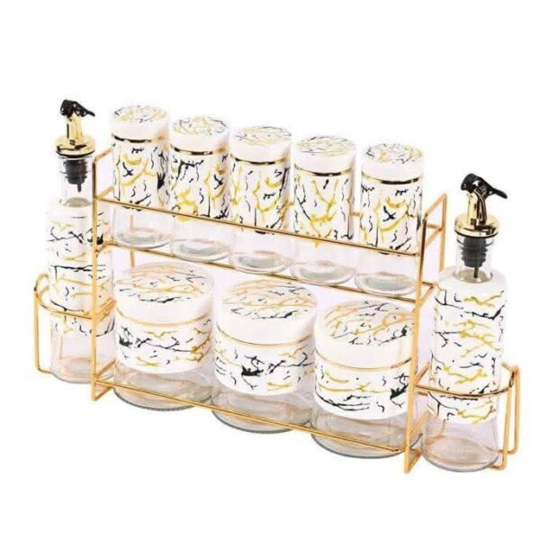 Spice Rack Set (Marble-Pattern Jars and Oil Bottles with Gold Stand)