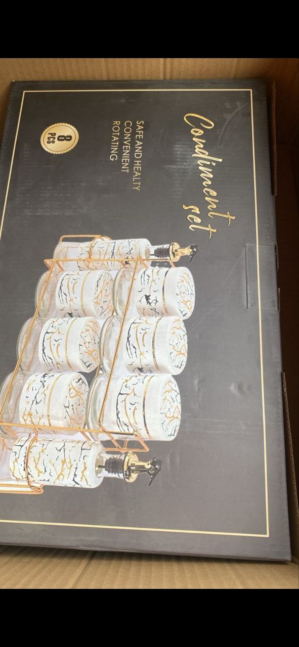 Spice Rack Set (Marble-Pattern Jars and Oil Bottles with Gold Stand)