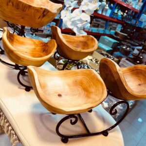 Wooden Bowl Set (Decorative Hand-Carved Bowls on Metal Stand)