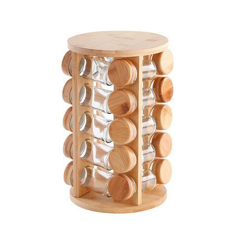 20-Piece Wooden Rotating Spice Rack with Glass Jars