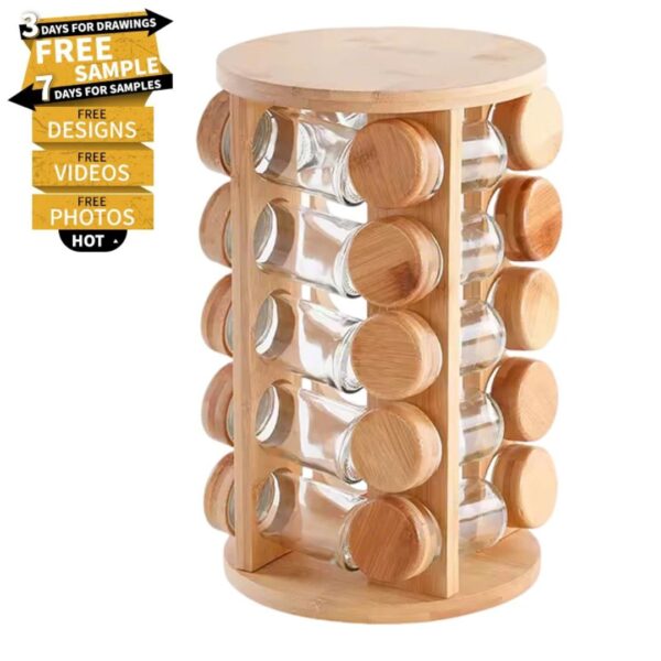 20-Piece Wooden Rotating Spice Rack with Glass Jars