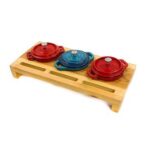 3-Set Mini Enameled Cast Iron with Wooden Serving Stand( Big size )