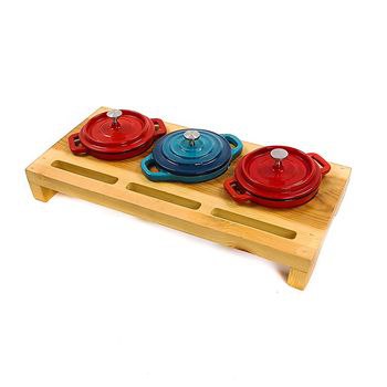 3-Set Mini Enameled Cast Iron with Wooden Serving Stand( Big size )