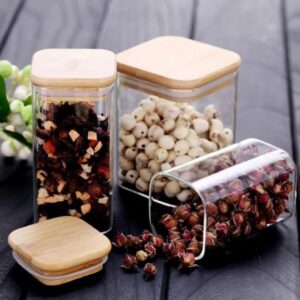 3-Piece Square Glass Storage Jar Set with Airtight Bamboo Lid (900ml)