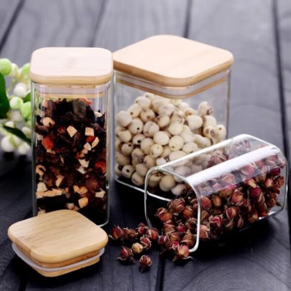 3-Piece Square Glass Storage Jar Set with Airtight Bamboo Lid (900ml)