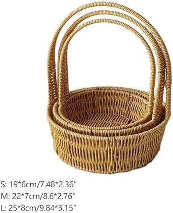 3-Piece Stackable Hand-Woven Basket Set with Handles (Round shape)