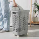 Portable Plastic Laundry Basket with Lid and Wheels