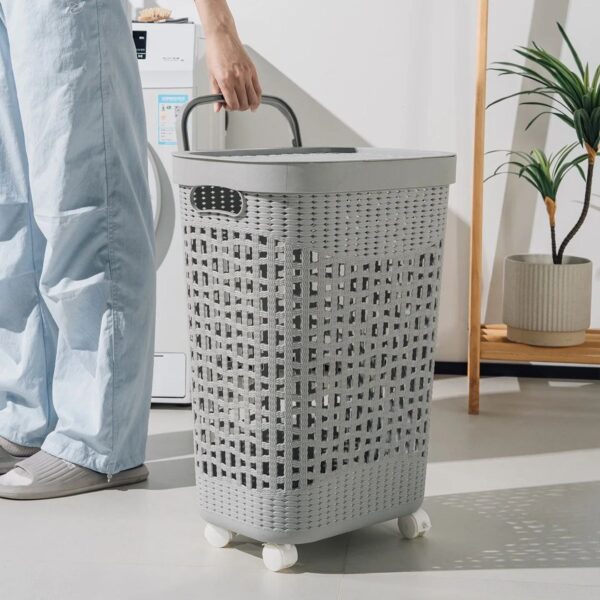 Portable Plastic Laundry Basket with Lid and Wheels