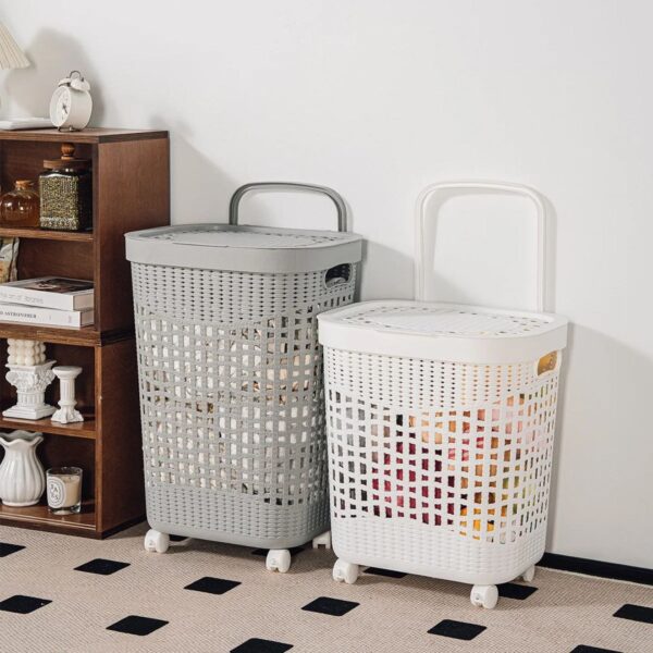 Portable Plastic Laundry Basket with Lid and Wheels