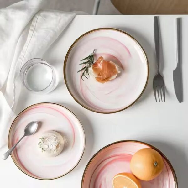 7-Piece Luxurious Pink Marble Ceramic Dinnerware Set