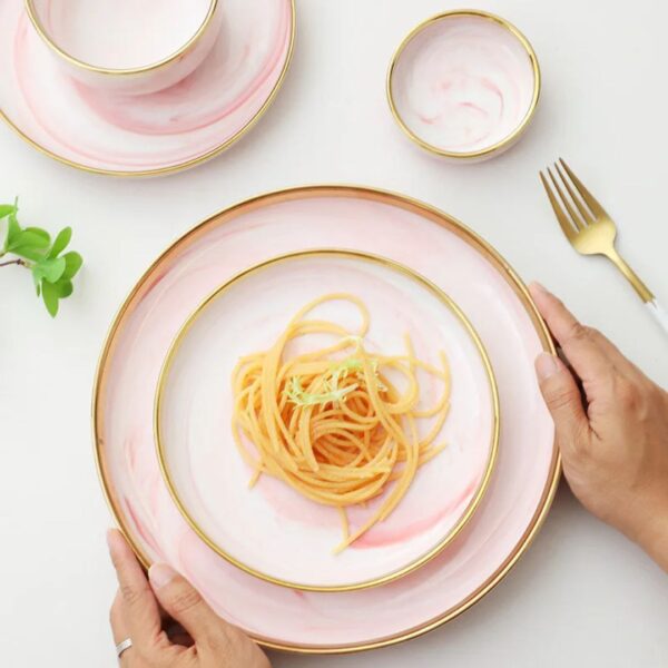 7-Piece Luxurious Pink Marble Ceramic Dinnerware Set