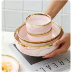 7-Piece Luxurious Pink Marble Ceramic Dinnerware Set