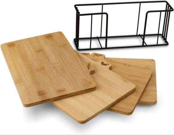 4-Piece Bamboo Cutting Board Set with Black Metal Stand