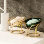 Self-Draining Glass Soap Dish with Gold-Finish Stand