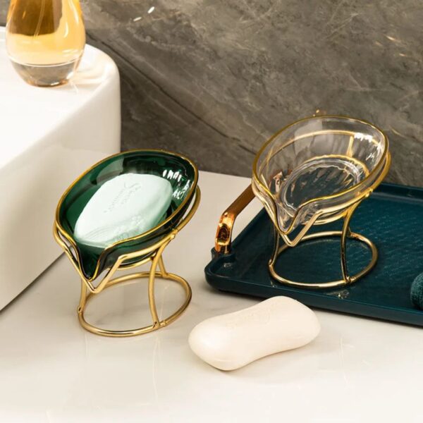 Self-Draining Glass Soap Dish with Gold-Finish Stand