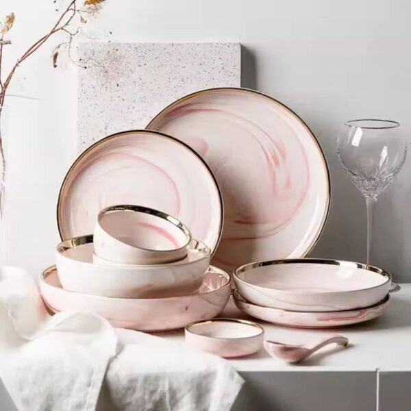 7-Piece Hand-Painted Marble & Gold Dinnerware Set