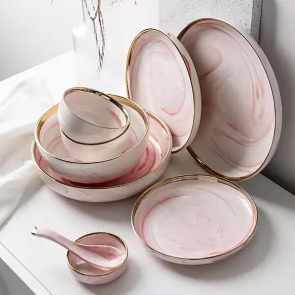 7-Piece Hand-Painted Marble & Gold Dinnerware Set