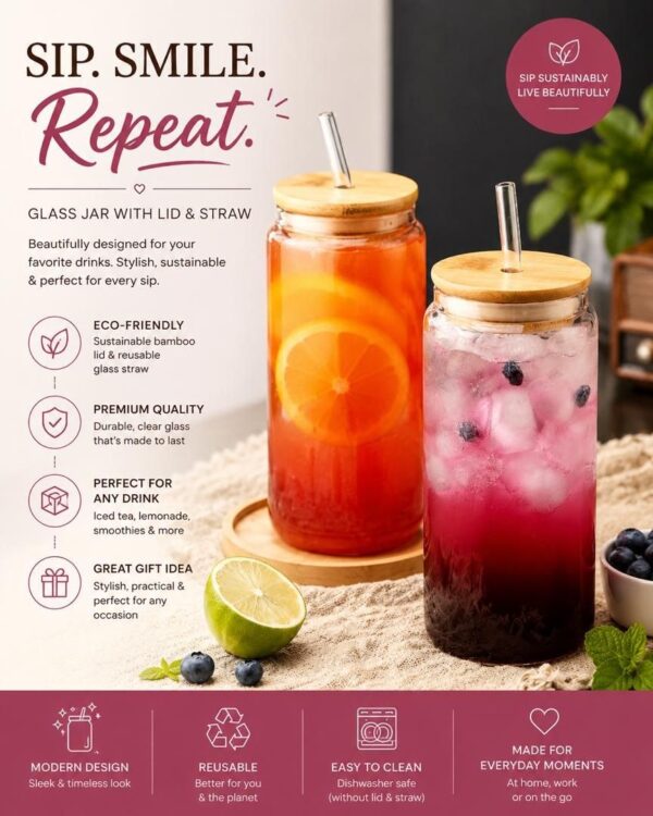 Glass Tea Tumbler with bamboo lid and straw