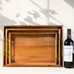 3-Piece Nesting Acacia Wood Tray Set with Gold Handles