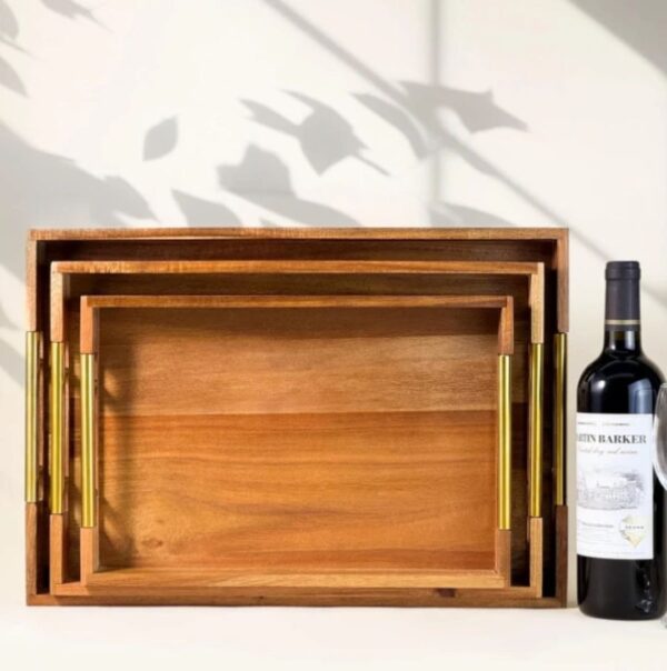 3-Piece Nesting Acacia Wood Tray Set with Gold Handles