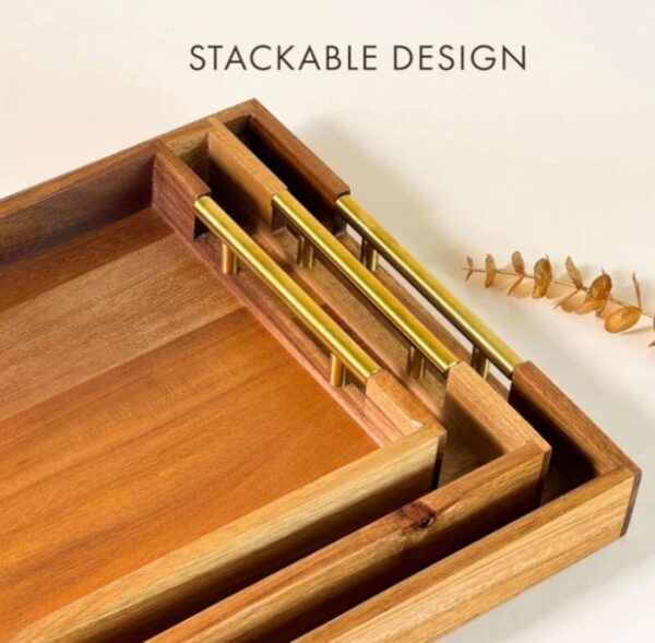 3-Piece Nesting Acacia Wood Tray Set with Gold Handles