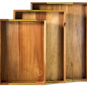 3-Piece Nesting Acacia Wood Tray Set with Gold Handles