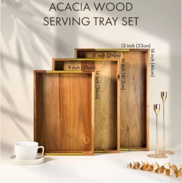 3-Piece Nesting Acacia Wood Tray Set with Gold Handles
