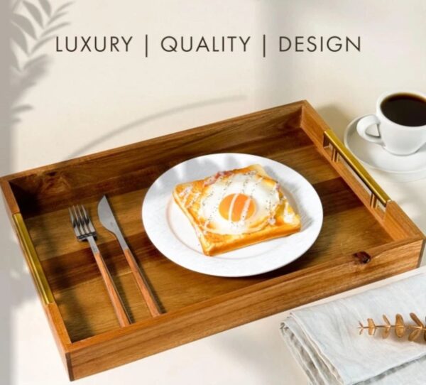 3-Piece Nesting Acacia Wood Tray Set with Gold Handles