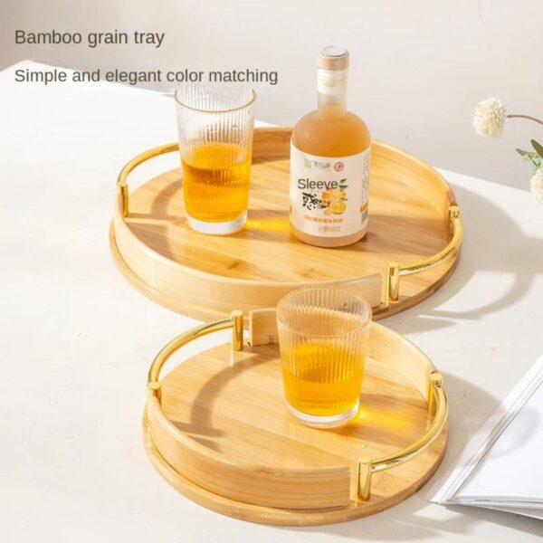 2-Piece Circular Bamboo Tray Set with Gold Handles
