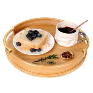 2-Piece Circular Bamboo Tray Set with Gold Handles