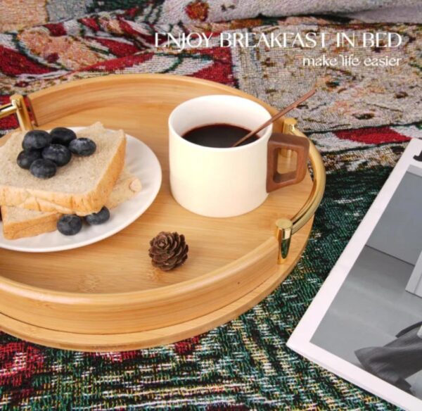 2-Piece Circular Bamboo Tray Set with Gold Handles