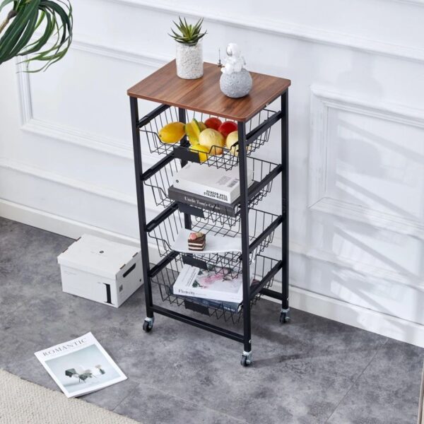 4-Tier Mobile Utility Trolley with Wood Top