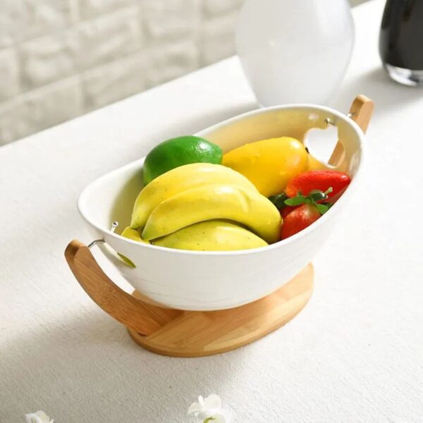 Ceramic Fruit Bowl & Wooden Stand Set