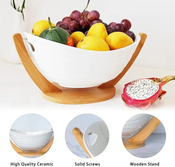 Ceramic Fruit Bowl & Wooden Stand Set
