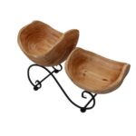 Hand-Carved Wood Bowl Set with Scrollwork Iron Stand
