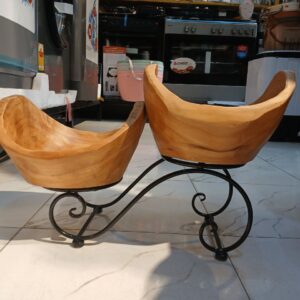Hand-Carved Wood Bowl Set with Scrollwork Iron Stand