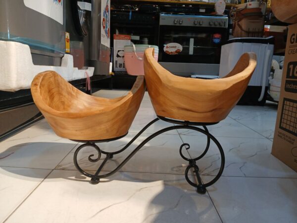 Hand-Carved Wood Bowl Set with Scrollwork Iron Stand