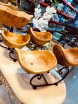Hand-Carved Wood Bowl Set with Scrollwork Iron Stand