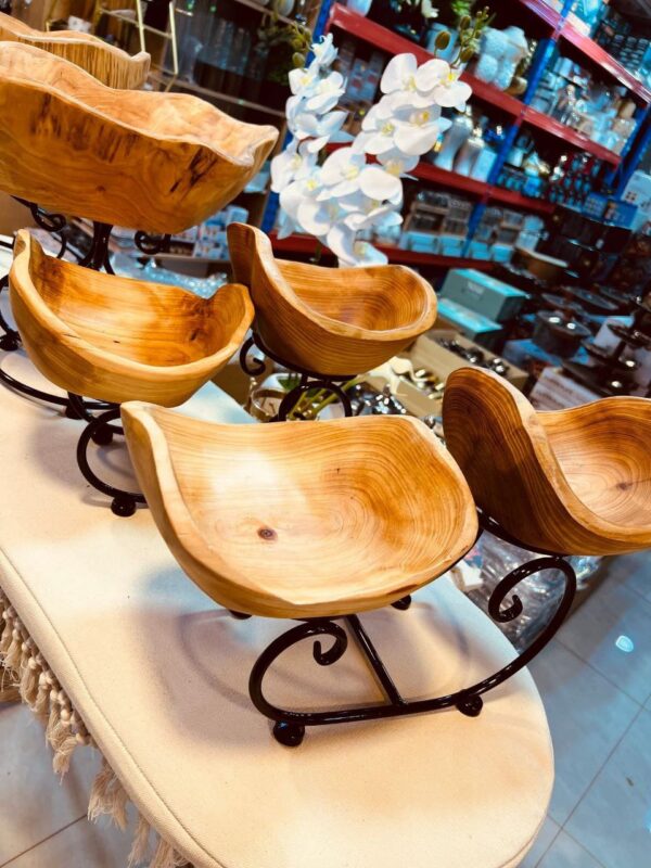 Hand-Carved Wood Bowl Set with Scrollwork Iron Stand