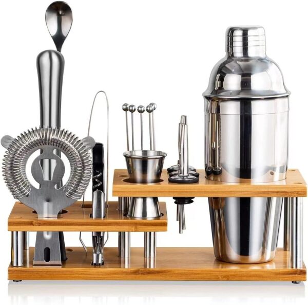 Cocktail Shaker Set with Bamboo Stand