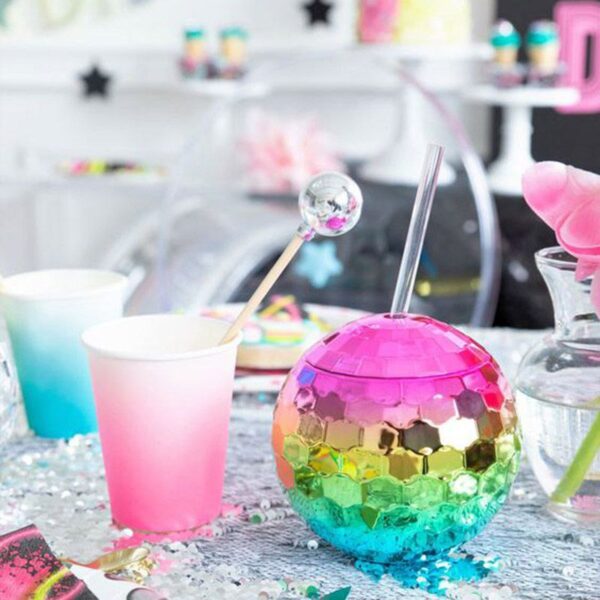 Rainbow Gradient Disco Ball Tumbler with Straw