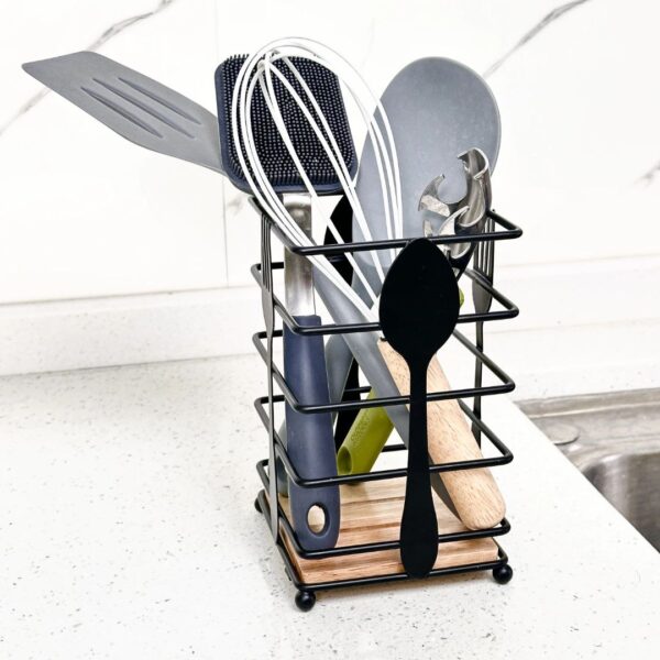 Matte Black & Acacia Wood Cutlery Holder
